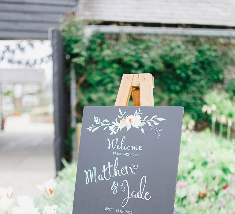 Chalkboard Wedding Sign | Peach & White Wedding at Upwaltham Barns | White Stag Wedding Photography