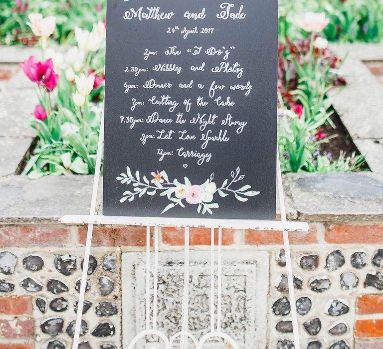 Chalkboard Wedding Sign | Peach & White Wedding at Upwaltham Barns | White Stag Wedding Photography