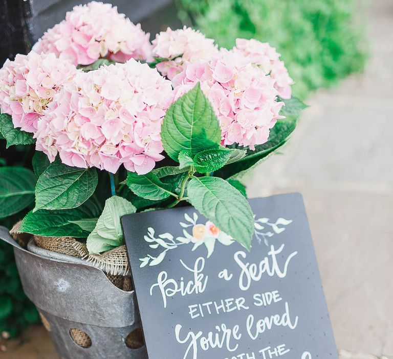 Chalkboard Wedding Sign | Peach & White Wedding at Upwaltham Barns | White Stag Wedding Photography