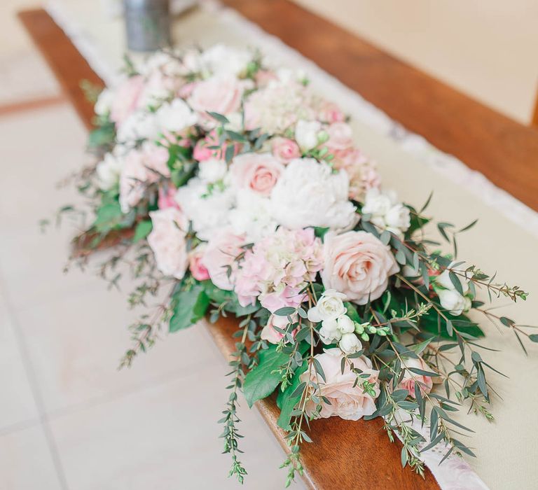 Blush Floral Arrangement | | Peach & White Wedding at Upwaltham Barns | White Stag Wedding Photography