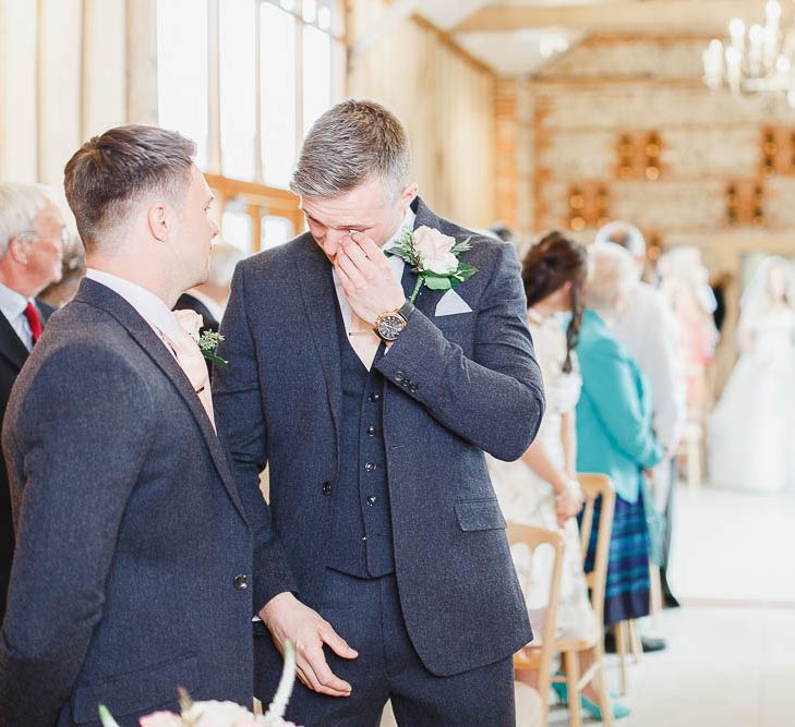 Wedding Ceremony | Emotional Groom in Marks and Spencer Suit | Peach & White Wedding at Upwaltham Barns | White Stag Wedding Photography