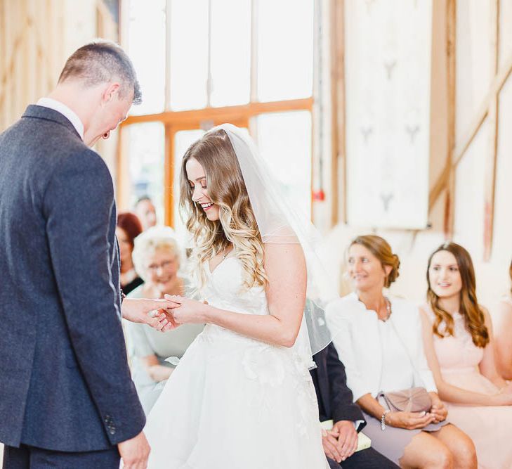 Wedding Ceremony | Bride in Warren Watters Gown | Groom in Marks and Spencer Suit | Peach & White Wedding at Upwaltham Barns | White Stag Wedding Photography