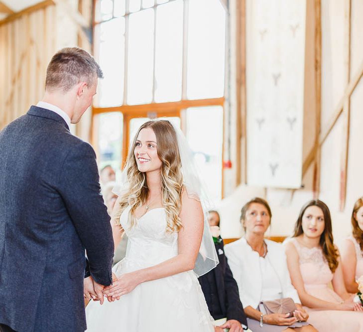 Wedding Ceremony | Bride in Warren Watters Gown | Groom in Marks and Spencer Suit | Peach & White Wedding at Upwaltham Barns | White Stag Wedding Photography