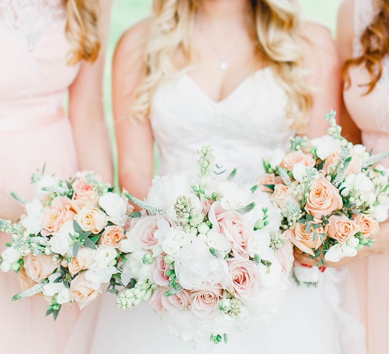 Peach & White Bouquets | Bridesmaids in Peach Chi Chi London Dresses | Bride in Warren Watters Gown | Peach & White Wedding at Upwaltham Barns | White Stag Wedding Photography