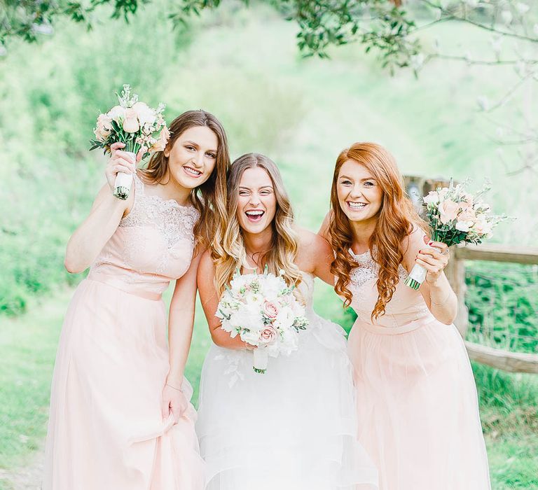 Bridesmaids in Peach Chi Chi London Dresses | Bride in Warren Watters Gown | Peach & White Wedding at Upwaltham Barns | White Stag Wedding Photography