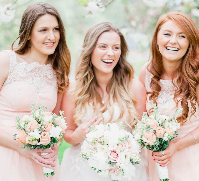 Bridesmaids in Peach Chi Chi London Dresses | Bride in Warren Watters Gown | Peach & White Wedding at Upwaltham Barns | White Stag Wedding Photography