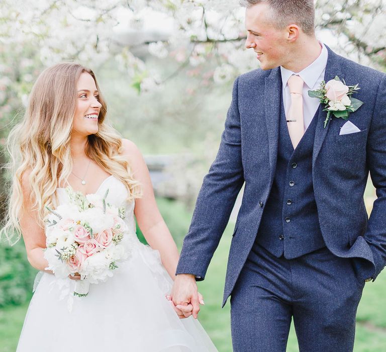 Bride in Warren Watters Gown | Groom in Marks and Spencer Suit | Peach & White Wedding at Upwaltham Barns | White Stag Wedding Photography