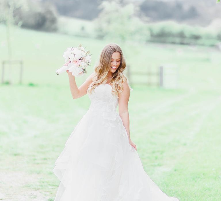 Bride in Warren Watters Gown | Peach & White Wedding at Upwaltham Barns | White Stag Wedding Photography