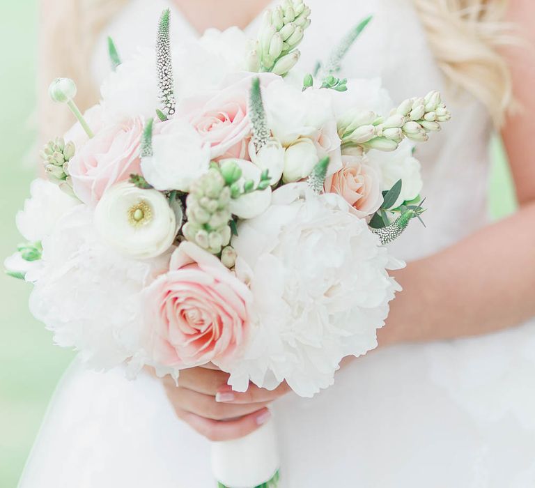 Blush & White Bridal Bouquet | | Bride in Warren Watters Gown | Peach & White Wedding at Upwaltham Barns | White Stag Wedding Photography