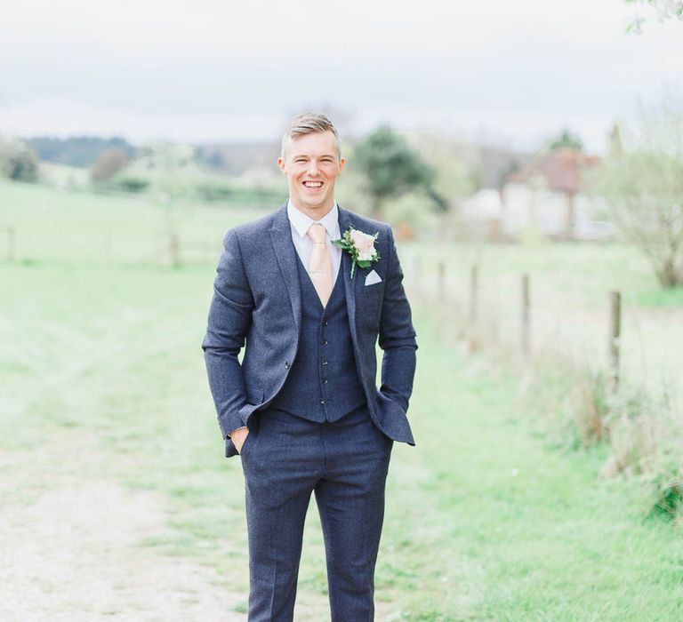 Groom in Marks and Spencer Suit | Peach & White Wedding at Upwaltham Barns | White Stag Wedding Photography