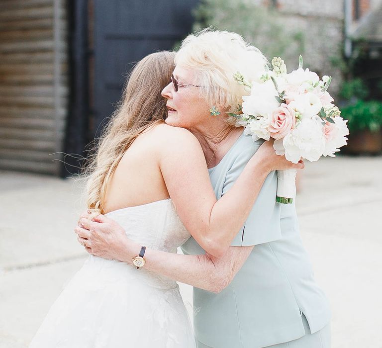 Bride in Watters Gown | Peach & White Wedding at Upwaltham Barns | White Stag Wedding Photography