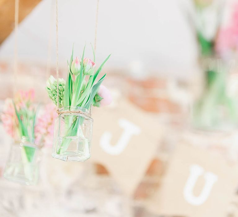 Hanging Flower Stems in JArs | Peach & White Wedding at Upwaltham Barns | White Stag Wedding Photography