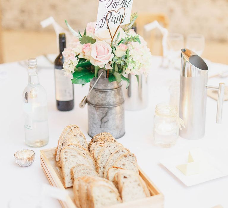 Peach & White Mini Milk Urn Centrepiece | Peach & White Wedding at Upwaltham Barns | White Stag Wedding Photography