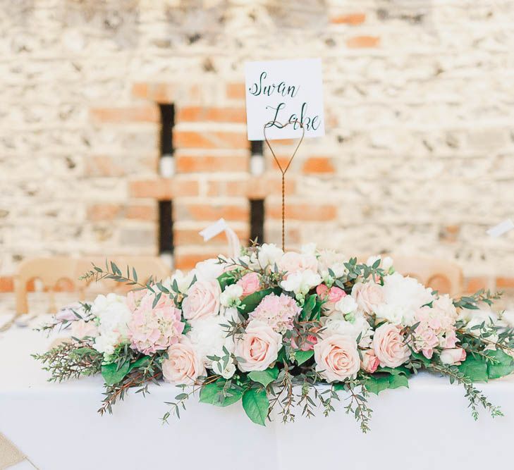 Top Table Floral Arrangement | Peach & White Wedding at Upwaltham Barns | White Stag Wedding Photography