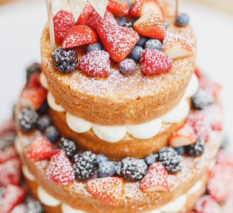 Naked Wedding Cake with Berries | Peach & White Wedding at Upwaltham Barns | White Stag Wedding Photography