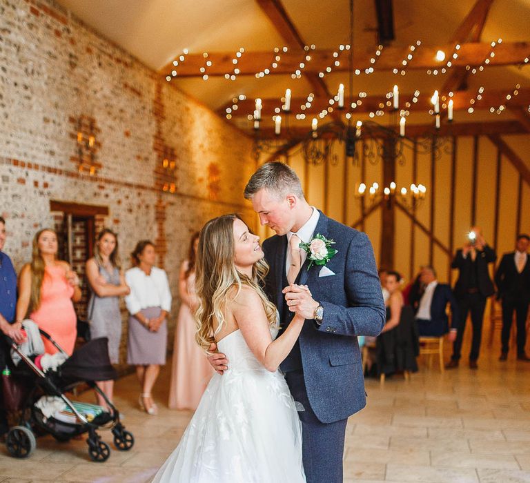 First Dance| Bride in Warren Watters Gown | Groom in Marks and Spencer Suit | Peach & White Wedding at Upwaltham Barns | White Stag Wedding Photography