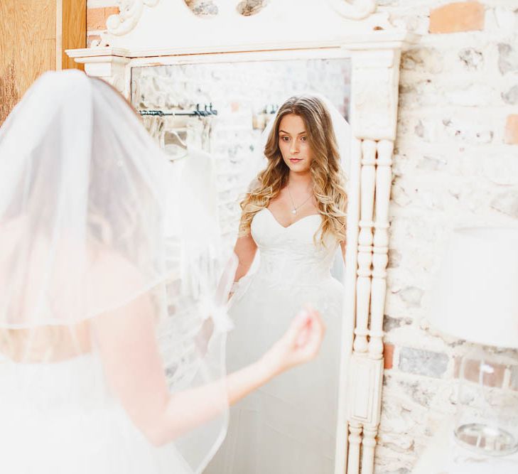 Bride in Watters Warren Wedding Dress | Peach & White Wedding at Upwaltham Barns | White Stag Wedding Photography