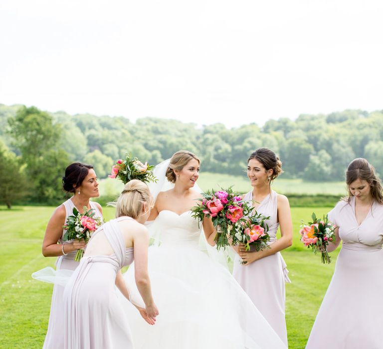 Pronovias Bride For Classic Wedding At The Tithe Barn With Bridesmaids In Coast Multiway Dresses & Images From Helen Cawte Photography