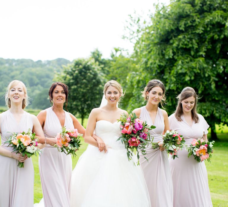 Pronovias Bride For Classic Wedding At The Tithe Barn With Bridesmaids In Coast Multiway Dresses & Images From Helen Cawte Photography