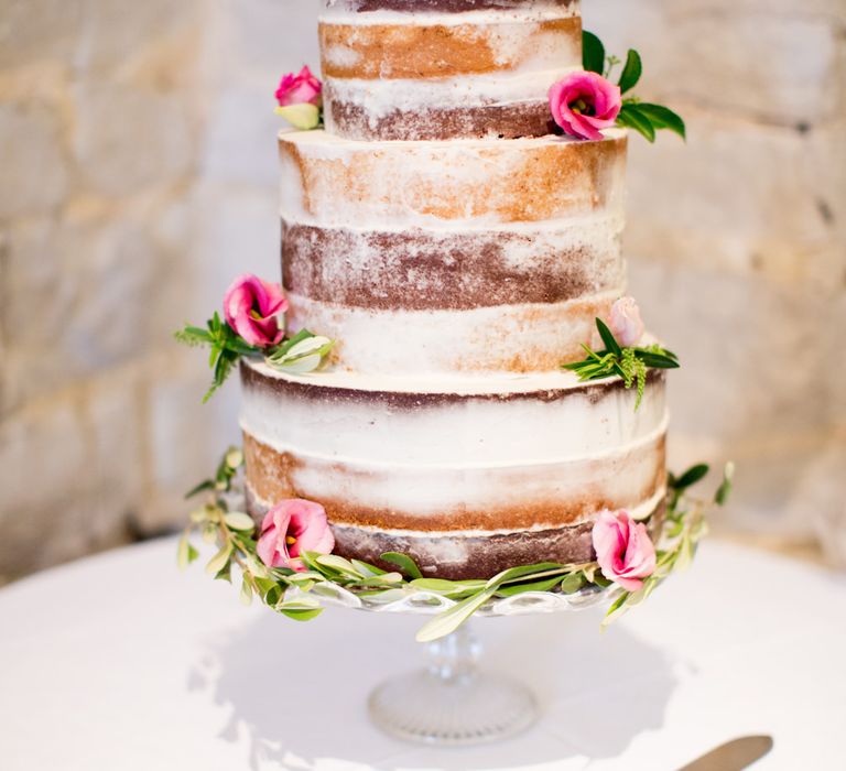 Semi Naked Wedding Cake // Pronovias Bride For Classic Wedding At The Tithe Barn With Bridesmaids In Coast Multiway Dresses & Images From Helen Cawte Photography