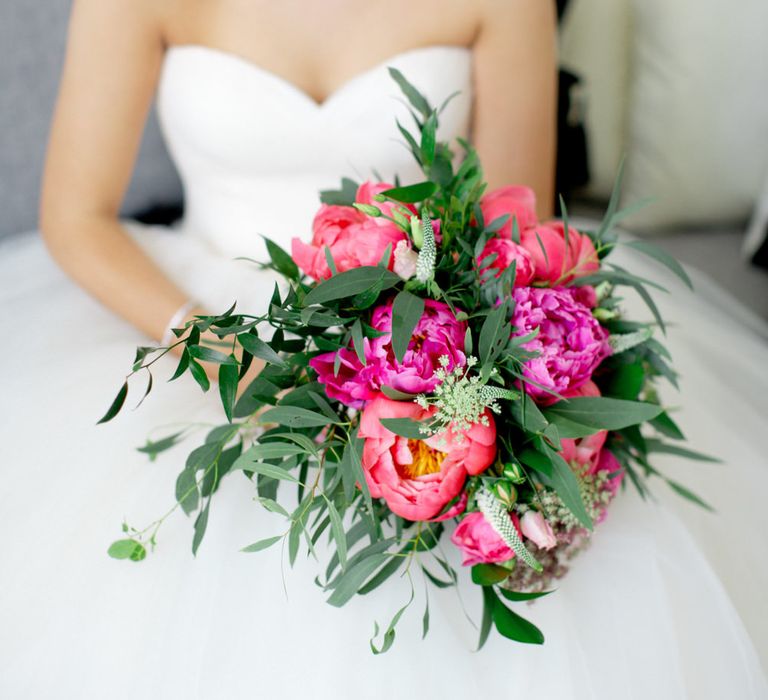 Wedding Bouquet With Peonies // Pronovias Bride For Classic Wedding At The Tithe Barn With Bridesmaids In Coast Multiway Dresses & Images From Helen Cawte Photography