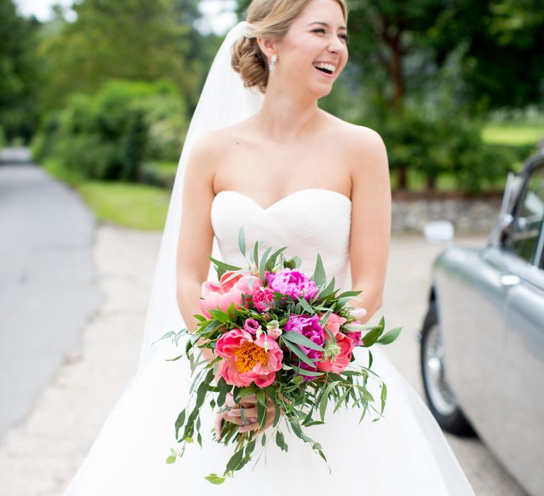 Peony Wedding Bouquet // Pronovias Bride For Classic Wedding At The Tithe Barn With Bridesmaids In Coast Multiway Dresses & Images From Helen Cawte Photography