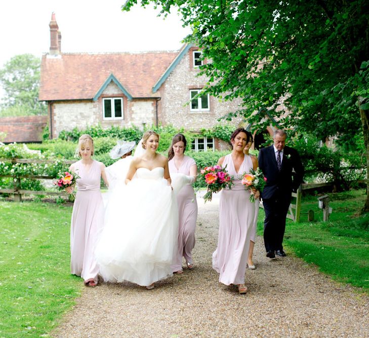 Pronovias Bride For Classic Wedding At The Tithe Barn With Bridesmaids In Coast Multiway Dresses & Images From Helen Cawte Photography