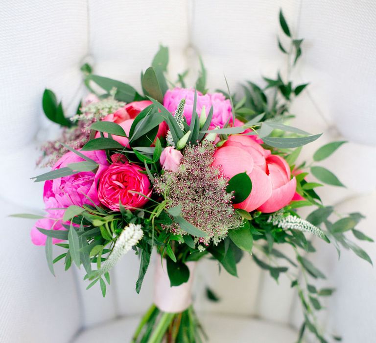 Wedding Bouquet With Peonies // Pronovias Bride For Classic Wedding At The Tithe Barn With Bridesmaids In Coast Multiway Dresses & Images From Helen Cawte Photography