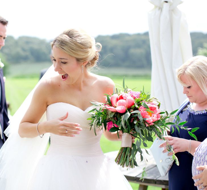 Pronovias Bride For Classic Wedding At The Tithe Barn With Bridesmaids In Coast Multiway Dresses & Images From Helen Cawte Photography