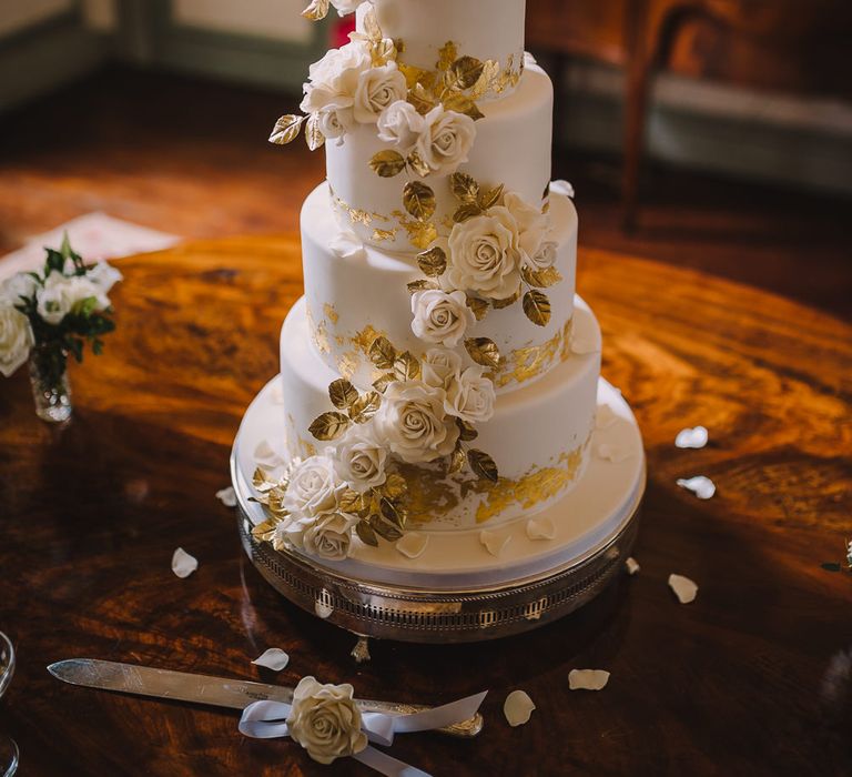 Classic White Iced Wedding Cake With Flowers // Elegant Wedding Brympton House Somerset With Bride Wearing Inbal Dror And Groom In Black Tux By Alexander McQueen With Images From Modern Vintage Weddings