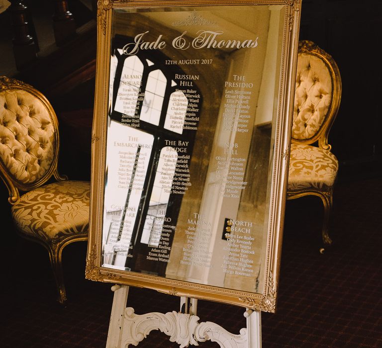 Mirrored Table Plan For Wedding // White & Gold Elegant Wedding Decor // Elegant Wedding Brympton House Somerset With Bride Wearing Inbal Dror And Groom In Black Tux By Alexander McQueen With Images From Modern Vintage Weddings