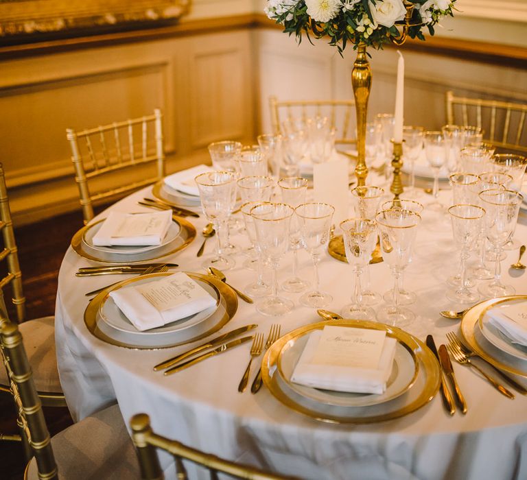 White & Gold Elegant Wedding Decor // Elegant Wedding Brympton House Somerset With Bride Wearing Inbal Dror And Groom In Black Tux By Alexander McQueen With Images From Modern Vintage Weddings