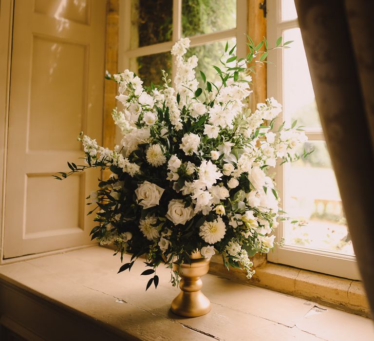 White Floral Display For Wedding // White & Gold Elegant Wedding Decor // Elegant Wedding Brympton House Somerset With Bride Wearing Inbal Dror And Groom In Black Tux By Alexander McQueen With Images From Modern Vintage Weddings