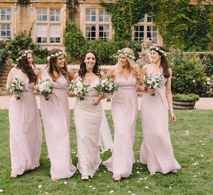 Bridesmaids In Pink Maids To Measure Dresses // Elegant Wedding Brympton House Somerset With Bride Wearing Inbal Dror And Groom In Black Tux By Alexander McQueen With Images From Modern Vintage Weddings