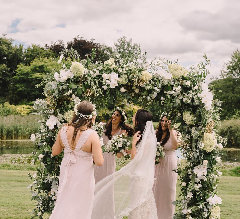 Bridesmaids In Pink Maids To Measure Dresses // Elegant Wedding Brympton House Somerset With Bride Wearing Inbal Dror And Groom In Black Tux By Alexander McQueen With Images From Modern Vintage Weddings