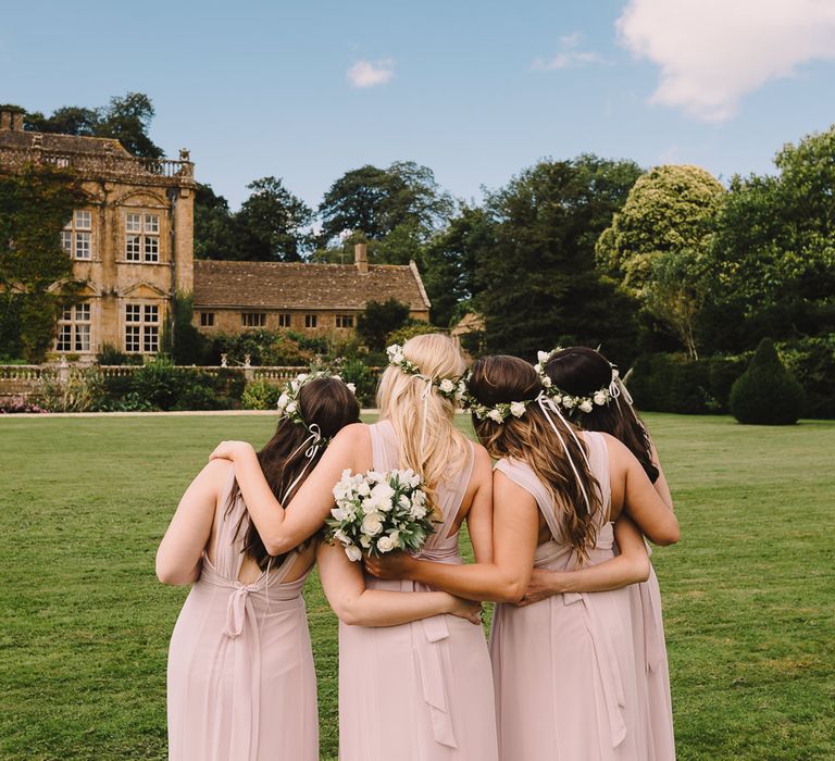 Bridesmaids In Pink Maids To Measure Dresses // Elegant Wedding Brympton House Somerset With Bride Wearing Inbal Dror And Groom In Black Tux By Alexander McQueen With Images From Modern Vintage Weddings