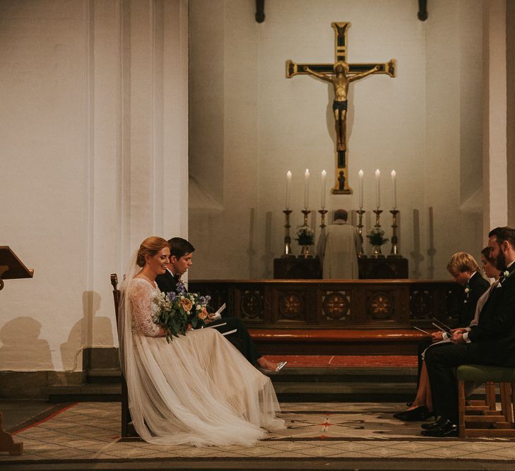 Church Wedding Ceremony | Bride in Willowby Watters 'Amelia' Gown | Groom in Hugo Boss Tuxedo | Rustic Barn Wedding in Norway | Christin Eide Photography