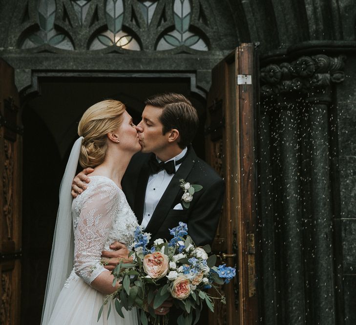 Church Wedding Ceremony | Bride in Willowby Watters 'Amelia' Gown | Groom in Hugo Boss Tuxedo | Rustic Barn Wedding in Norway | Christin Eide Photography