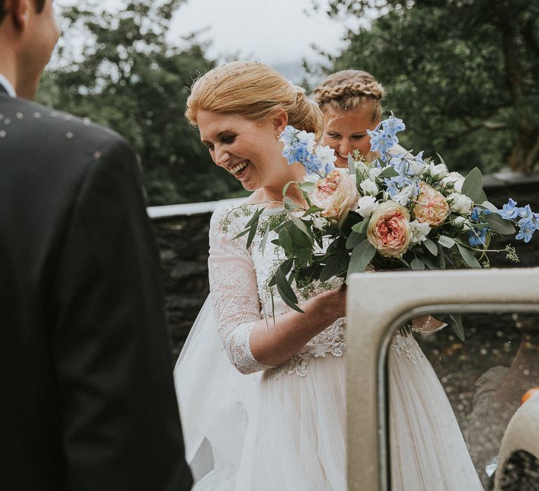 Bride in Willowby Watters 'Amelia' Gown | Groom in Hugo Boss Tuxedo | Rustic Barn Wedding in Norway | Christin Eide Photography