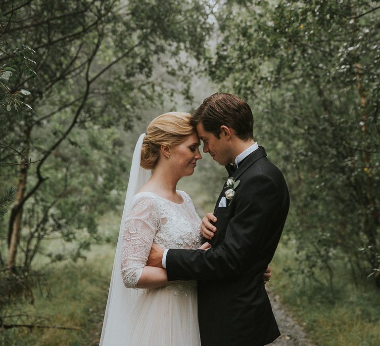 Bride in Willowby Watters 'Amelia' Gown | Groom in Hugo Boss Tuxedo | Rustic Barn Wedding in Norway | Christin Eide Photography