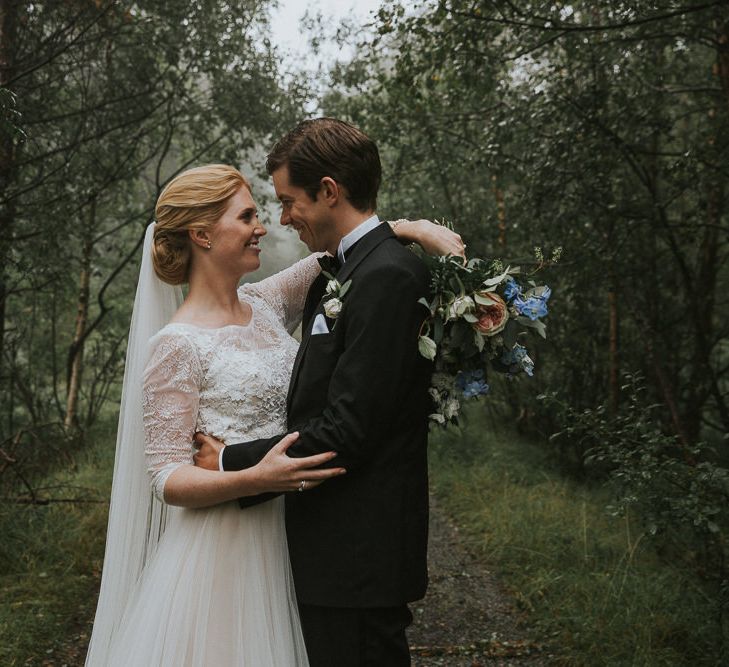 Bride in Willowby Watters 'Amelia' Gown | Groom in Hugo Boss Tuxedo | Rustic Barn Wedding in Norway | Christin Eide Photography