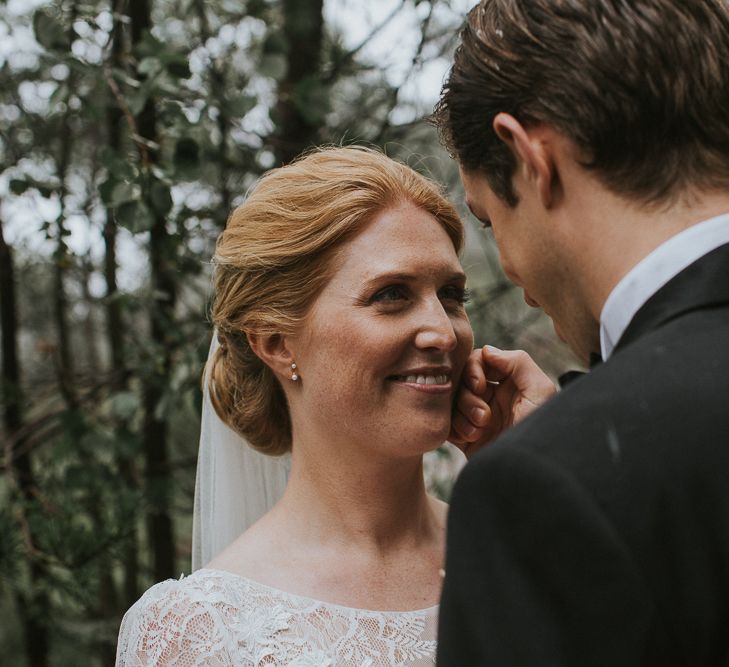 Bride in Willowby Watters 'Amelia' Gown | Groom in Hugo Boss Tuxedo | Rustic Barn Wedding in Norway | Christin Eide Photography