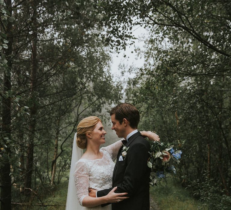 Bride in Willowby Watters 'Amelia' Gown | Groom in Hugo Boss Tuxedo | Rustic Barn Wedding in Norway | Christin Eide Photography