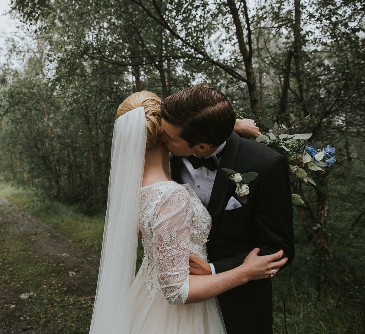 Bride in Willowby Watters 'Amelia' Gown | Groom in Hugo Boss Tuxedo | Rustic Barn Wedding in Norway | Christin Eide Photography