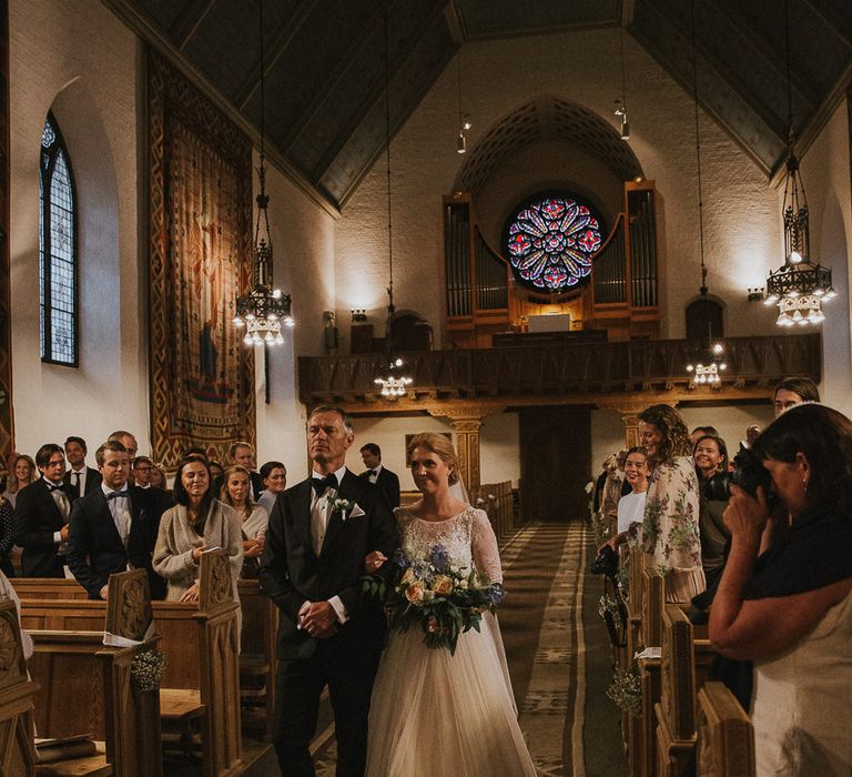 Church Wedding Ceremony | Bridal Entrance in Willowby Watters 'Amelia' Gown | Rustic Barn Wedding in Norway | Christin Eide Photography