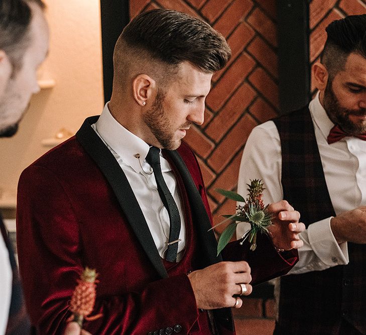 Groom in Burgundy Velvet Jacket