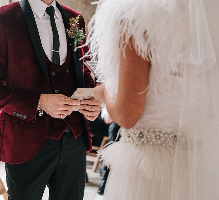 Bride In Feather Wedding Dress