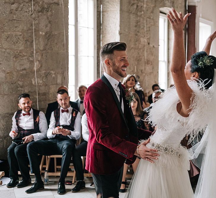 Bride In Feather Wedding Dress