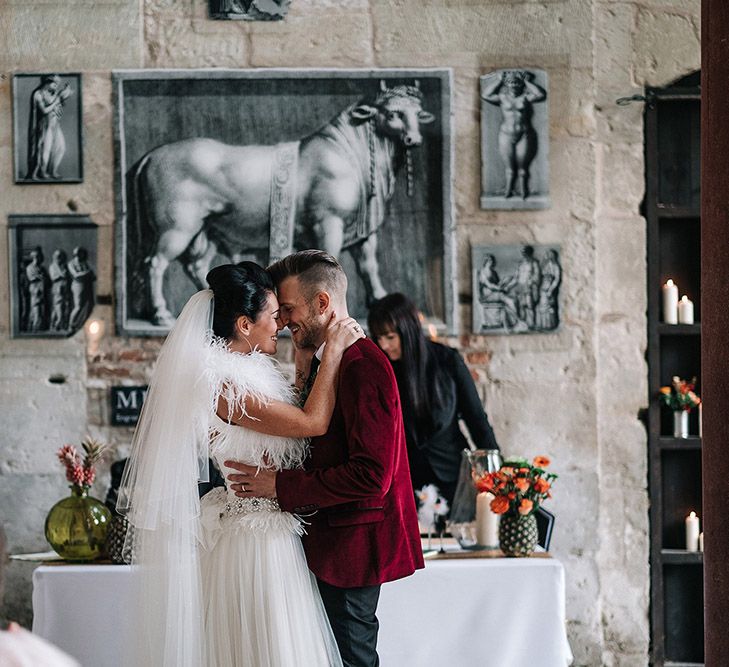 Bride In Feather Wedding Dress