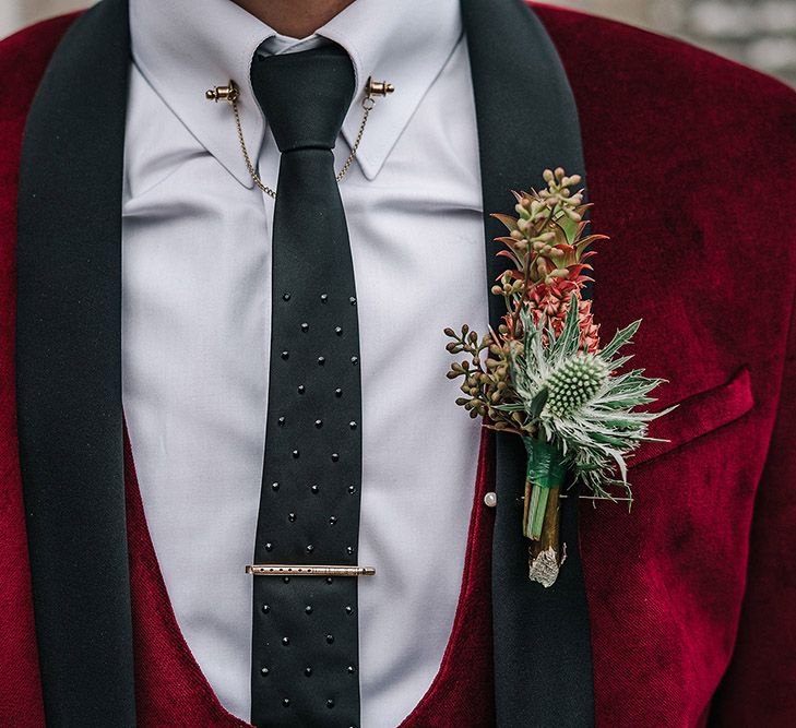 Groom in Red Velvet Jacket & Bride In Vintage Feather Dress